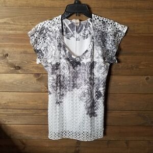 Brittany Black Lace Overlay Cap Sleeve Babydoll Shirt White Black Sz M